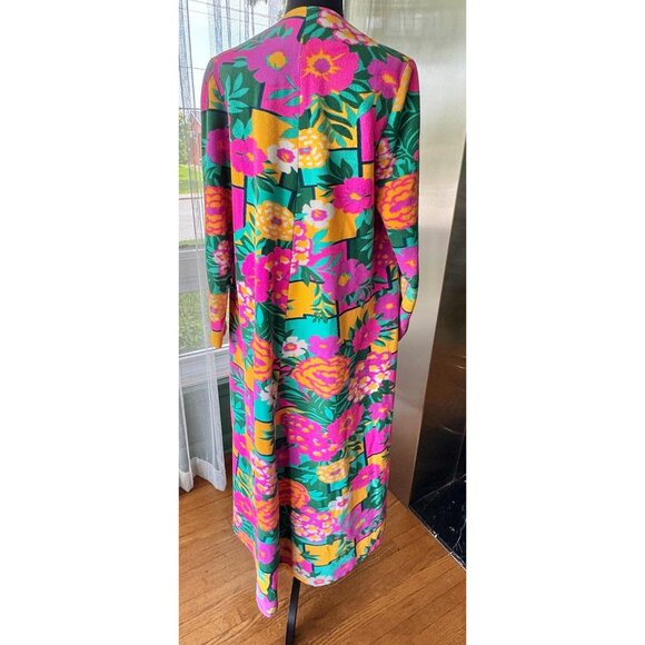 Vintage 1980s robe, teal, hot pink, yellow, green, bold floral geometric fleece - Picture 6 of 10